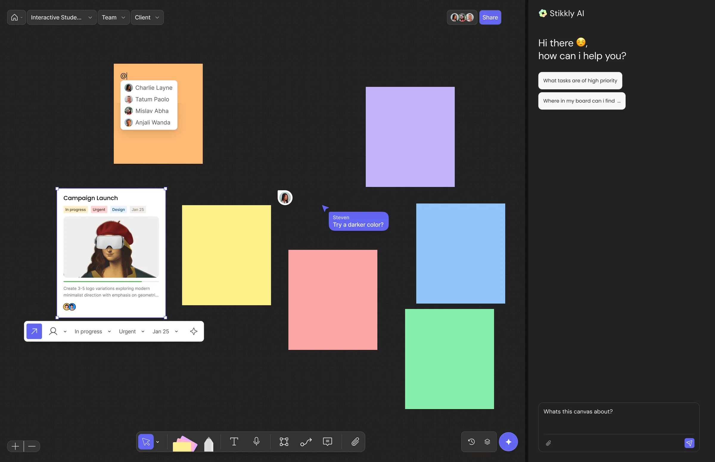 The canvas with the Stikkly AI sidebar.